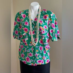 Starington Vintage Green Floral Multi Color W Shoulder Pads Short Sleeves Sz 12